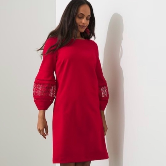 Chico's Dresses & Skirts - Chico's Vibrant Red Dress with Lace Sleeves, M